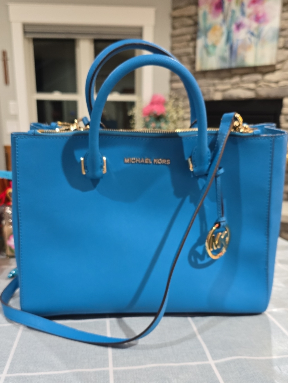 Michael Kors Electric Blue Leather Satchel with Gold Hardware